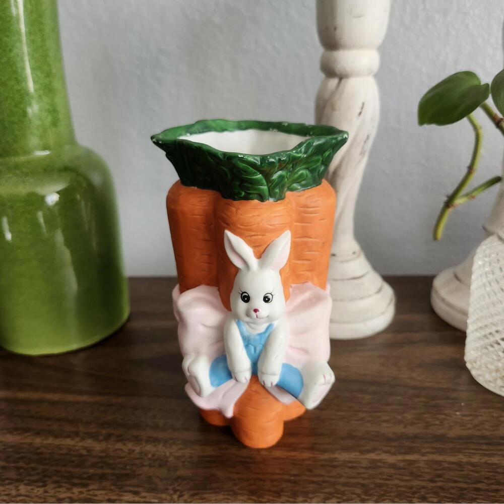 Vintage Easter Bunny & Carrot Vase Lucie Sable Imports LTD 6” Easter Decor